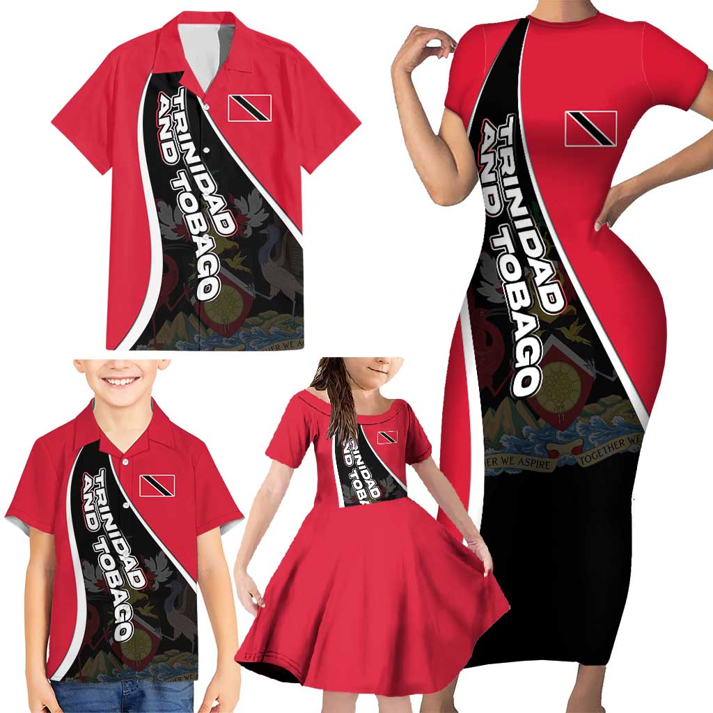 Trinidad and Tobago Flag Crest Design Family Matching Short Sleeve Bodycon Dress and Hawaiian Shirt with Bold Red Black Diagonal Layout - Wonder Print Shop
