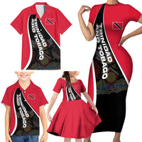 Trinidad and Tobago Flag Crest Design Family Matching Short Sleeve Bodycon Dress and Hawaiian Shirt with Bold Red Black Diagonal Layout - Wonder Print Shop