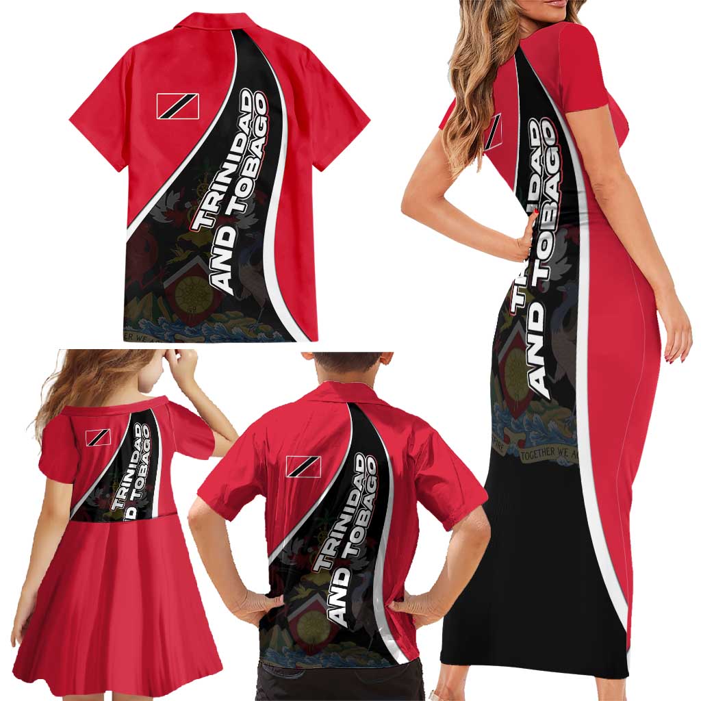 Trinidad and Tobago Flag Crest Design Family Matching Short Sleeve Bodycon Dress and Hawaiian Shirt with Bold Red Black Diagonal Layout - Wonder Print Shop