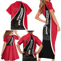 Trinidad and Tobago Flag Crest Design Family Matching Short Sleeve Bodycon Dress and Hawaiian Shirt with Bold Red Black Diagonal Layout - Wonder Print Shop