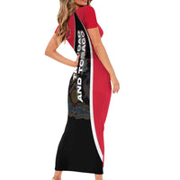Trinidad and Tobago Flag Crest Design Family Matching Short Sleeve Bodycon Dress and Hawaiian Shirt with Bold Red Black Diagonal Layout - Wonder Print Shop