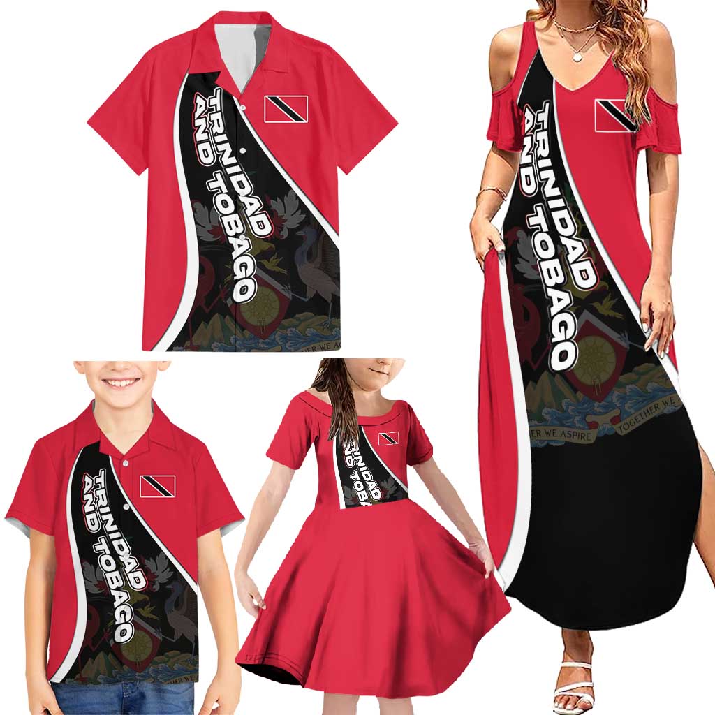 Trinidad and Tobago Flag Crest Design Family Matching Summer Maxi Dress and Hawaiian Shirt with Bold Red Black Diagonal Layout - Wonder Print Shop