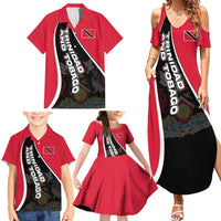 Trinidad and Tobago Flag Crest Design Family Matching Summer Maxi Dress and Hawaiian Shirt with Bold Red Black Diagonal Layout - Wonder Print Shop