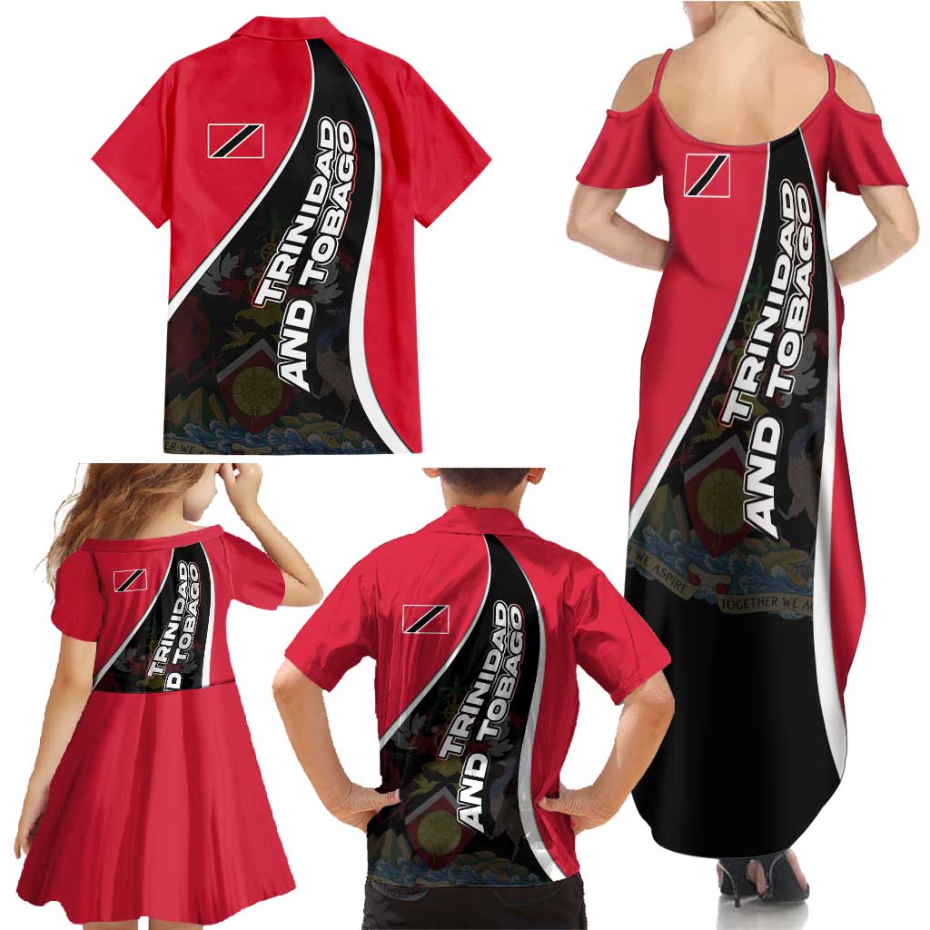 Trinidad and Tobago Flag Crest Design Family Matching Summer Maxi Dress and Hawaiian Shirt with Bold Red Black Diagonal Layout - Wonder Print Shop