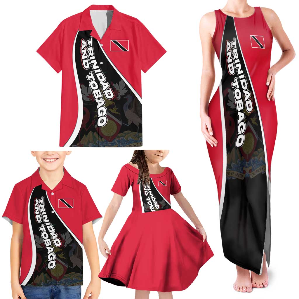 Trinidad and Tobago Flag Crest Design Family Matching Tank Maxi Dress and Hawaiian Shirt with Bold Red Black Diagonal Layout - Wonder Print Shop