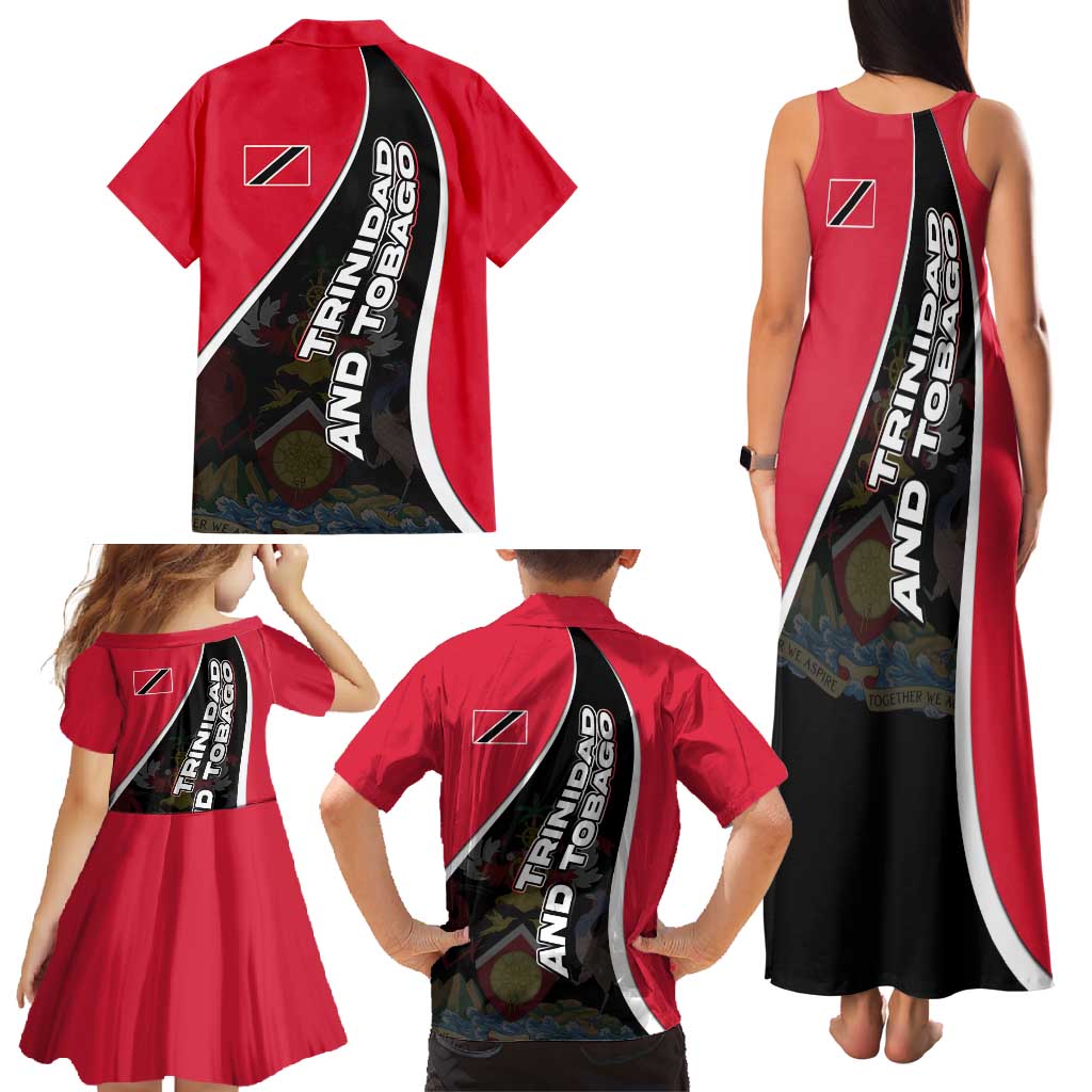 Trinidad and Tobago Flag Crest Design Family Matching Tank Maxi Dress and Hawaiian Shirt with Bold Red Black Diagonal Layout - Wonder Print Shop