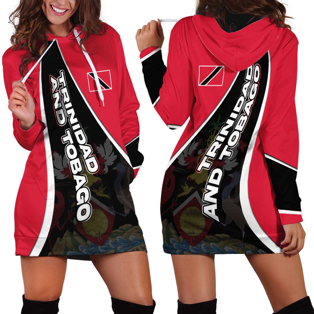 Trinidad and Tobago Flag Crest Design Hoodie Dress with Bold Red Black Diagonal Layout - Wonder Print Shop