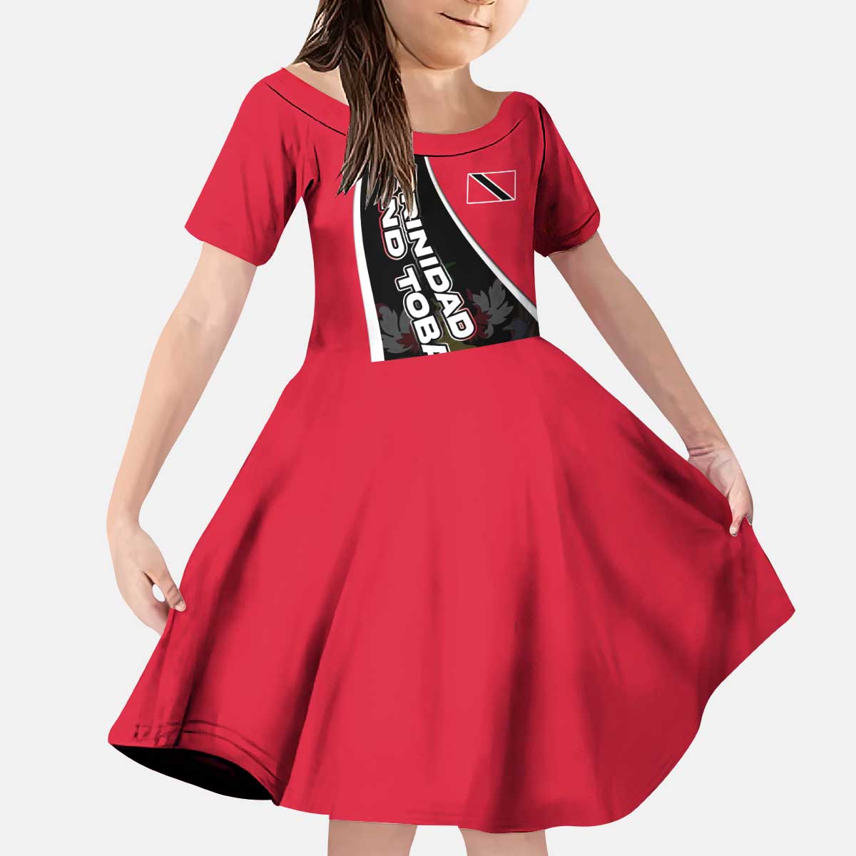 Trinidad and Tobago Flag Crest Design Kid Short Sleeve Dress with Bold Red Black Diagonal Layout - Wonder Print Shop