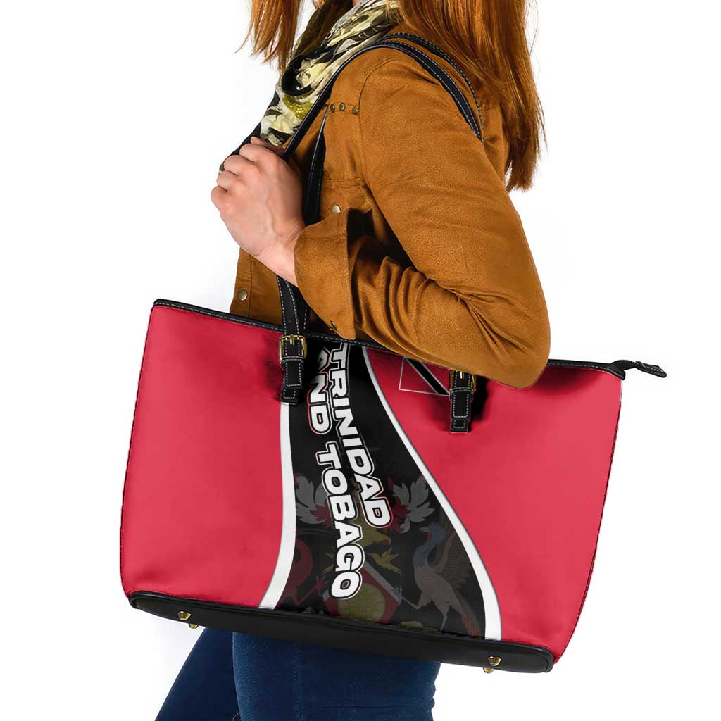Trinidad and Tobago Flag Crest Design Leather Tote Bag with Bold Red Black Diagonal Layout - Wonder Print Shop
