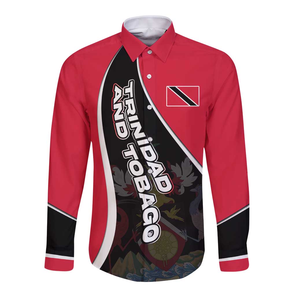 Trinidad and Tobago Flag Crest Design Long Sleeve Button Shirt with Bold Red Black Diagonal Layout - Wonder Print Shop