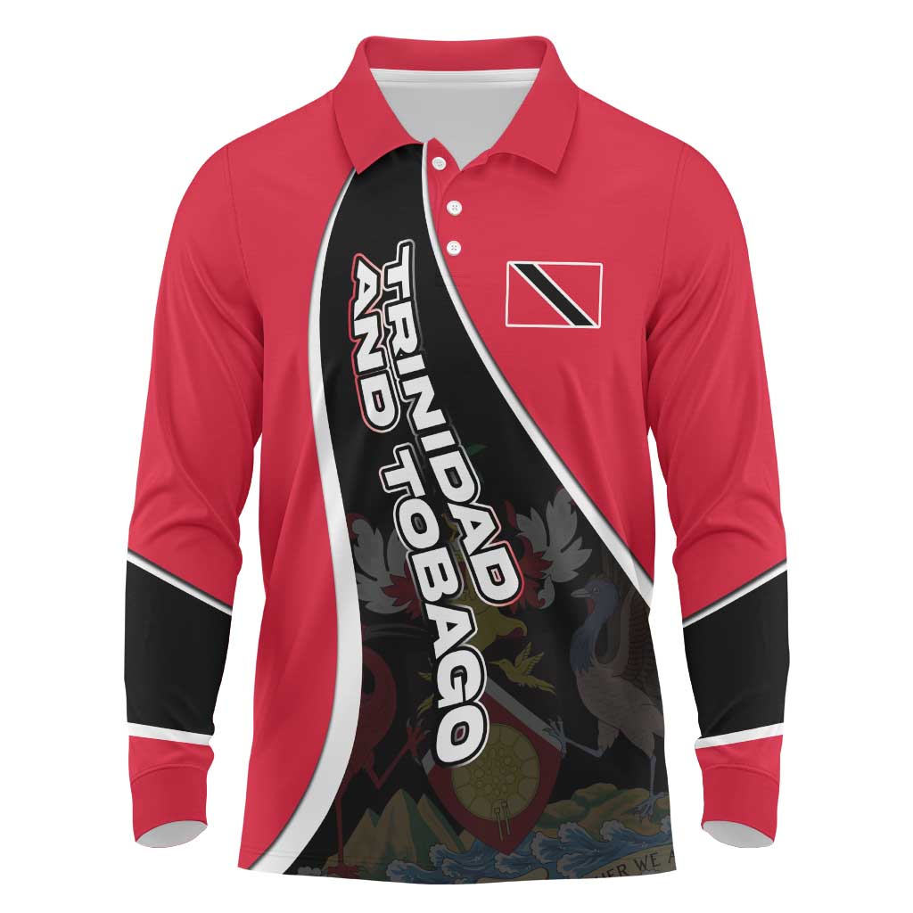 Trinidad and Tobago Flag Crest Design Long Sleeve Polo Shirt with Bold Red Black Diagonal Layout - Wonder Print Shop