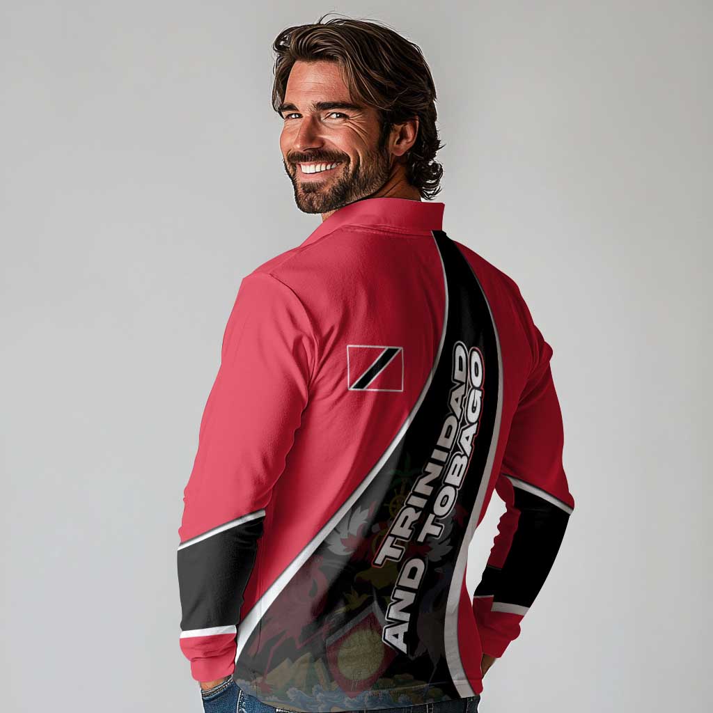 Trinidad and Tobago Flag Crest Design Long Sleeve Polo Shirt with Bold Red Black Diagonal Layout - Wonder Print Shop