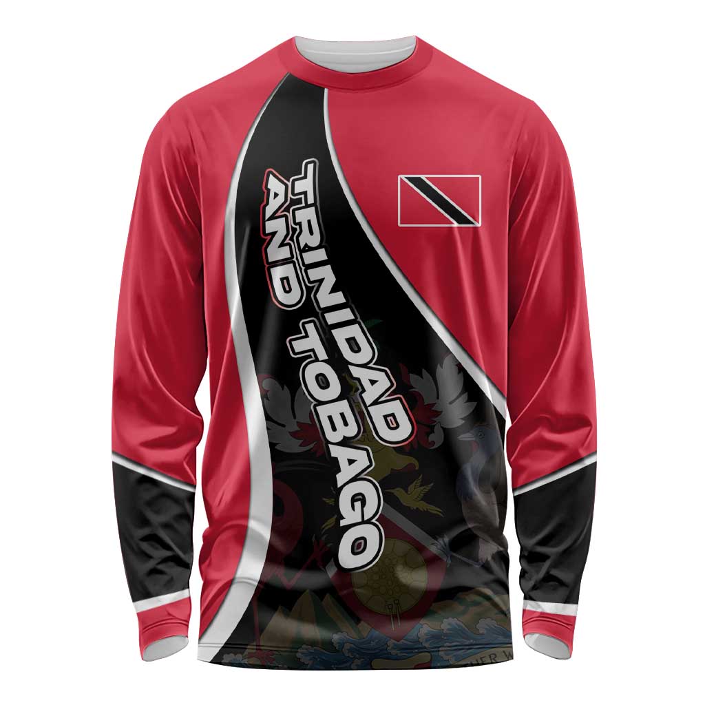 Trinidad and Tobago Flag Crest Design Long Sleeve Shirt with Bold Red Black Diagonal Layout - Wonder Print Shop