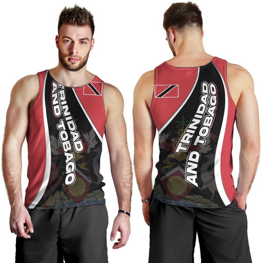 Trinidad and Tobago Flag Crest Design Men Tank Top with Bold Red Black Diagonal Layout - Wonder Print Shop