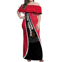 Trinidad and Tobago Flag Crest Design Off Shoulder Maxi Dress with Bold Red Black Diagonal Layout - Wonder Print Shop