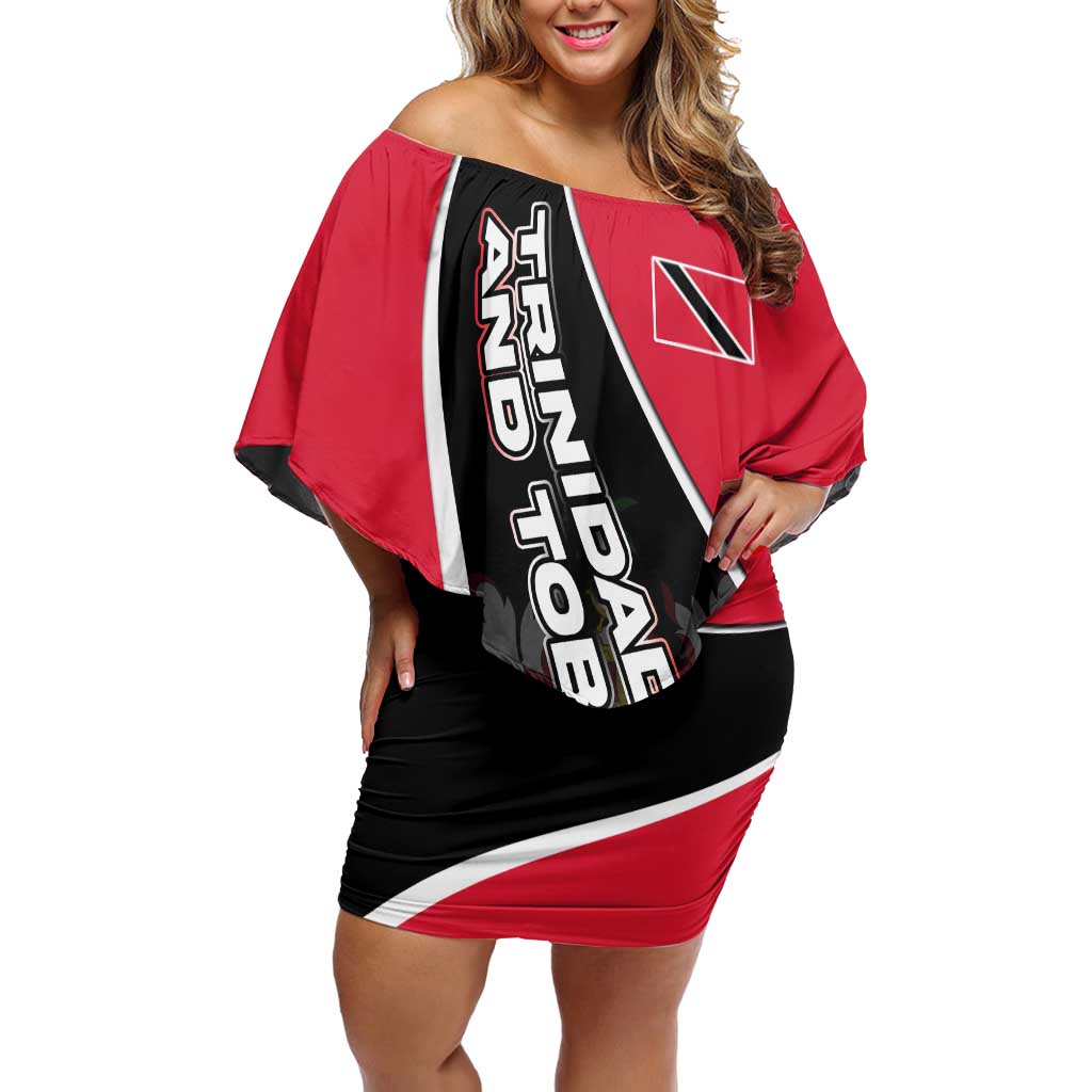 Trinidad and Tobago Flag Crest Design Off Shoulder Short Dress with Bold Red Black Diagonal Layout - Wonder Print Shop