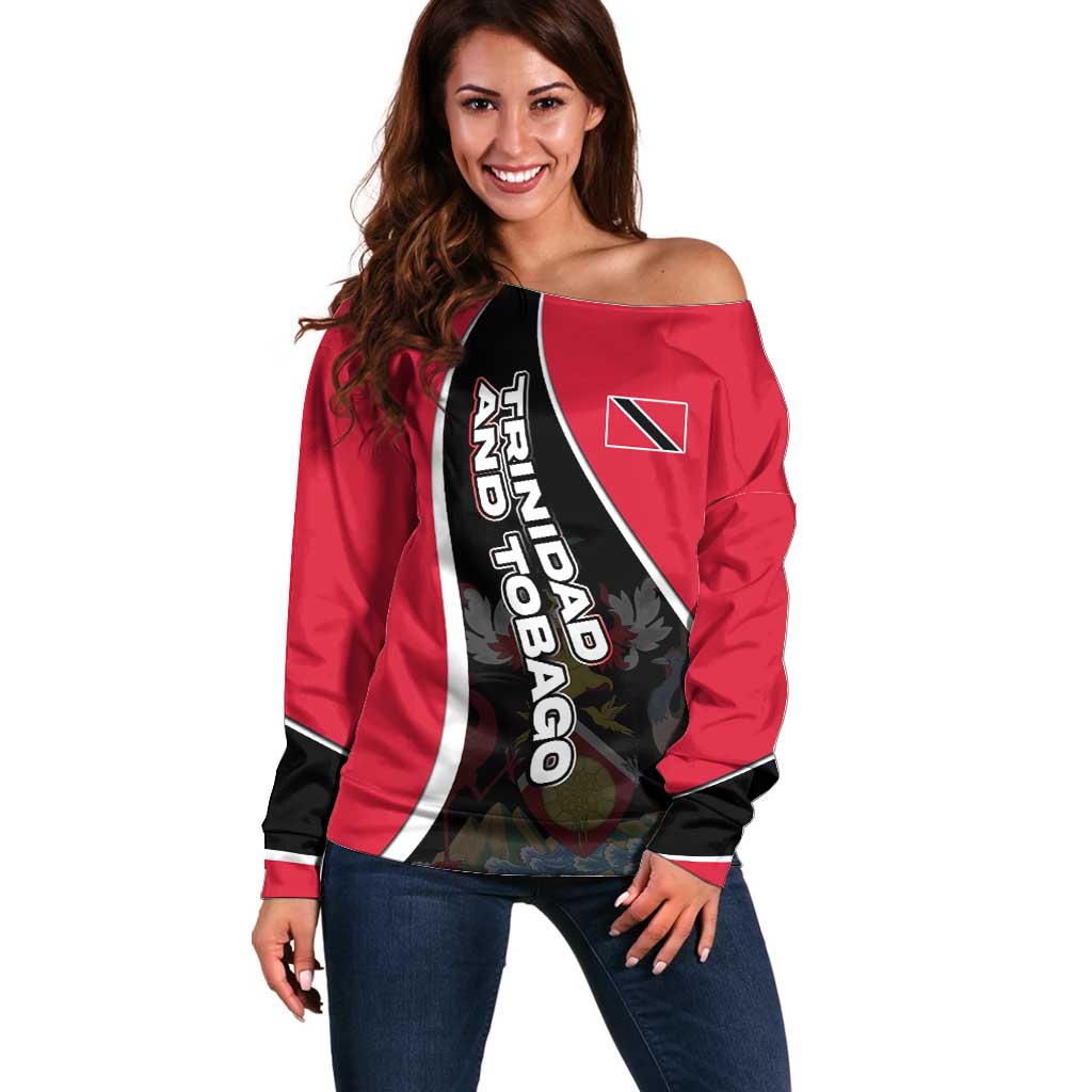 Trinidad and Tobago Flag Crest Design Off Shoulder Sweater with Bold Red Black Diagonal Layout - Wonder Print Shop
