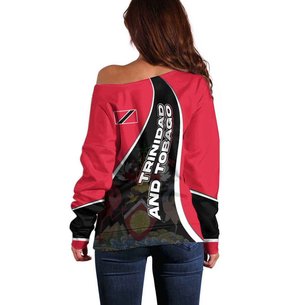 Trinidad and Tobago Flag Crest Design Off Shoulder Sweater with Bold Red Black Diagonal Layout - Wonder Print Shop