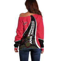 Trinidad and Tobago Flag Crest Design Off Shoulder Sweater with Bold Red Black Diagonal Layout - Wonder Print Shop