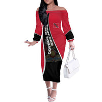 Trinidad and Tobago Flag Crest Design Off The Shoulder Long Sleeve Dress with Bold Red Black Diagonal Layout - Wonder Print Shop