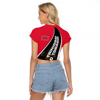 Trinidad and Tobago Flag Crest Design Raglan Cropped T Shirt with Bold Red Black Diagonal Layout - Wonder Print Shop
