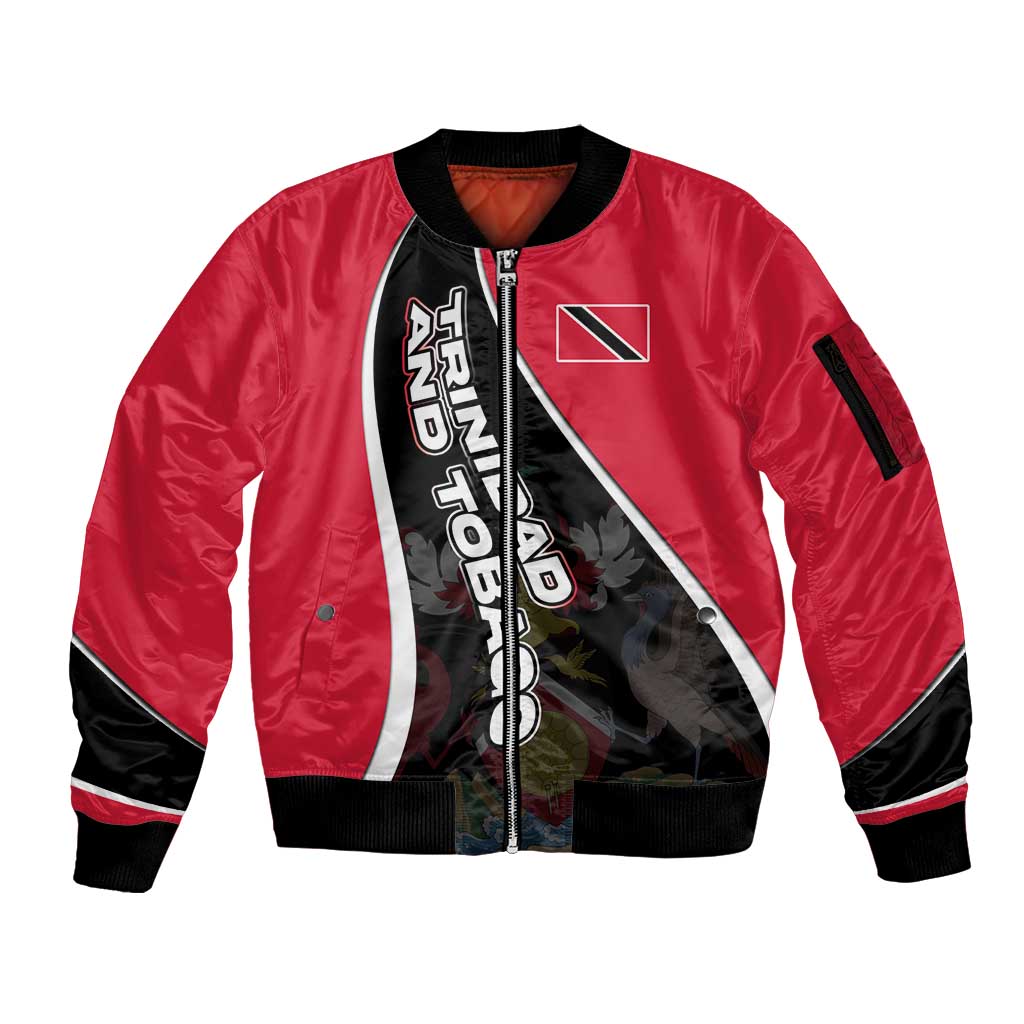 Trinidad and Tobago Flag Crest Design Sleeve Zip Bomber Jacket with Bold Red Black Diagonal Layout - Wonder Print Shop