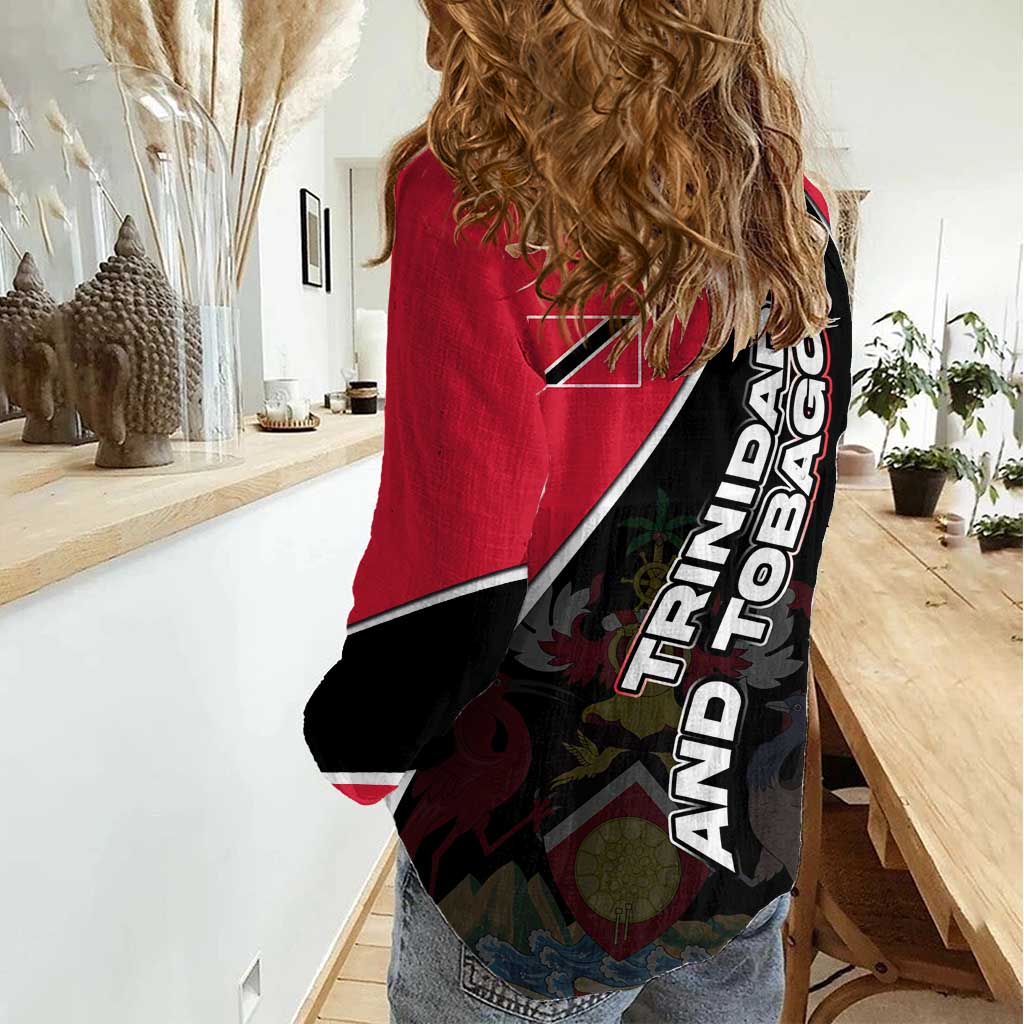 Trinidad and Tobago Flag Crest Design Women Casual Shirt with Bold Red Black Diagonal Layout - Wonder Print Shop