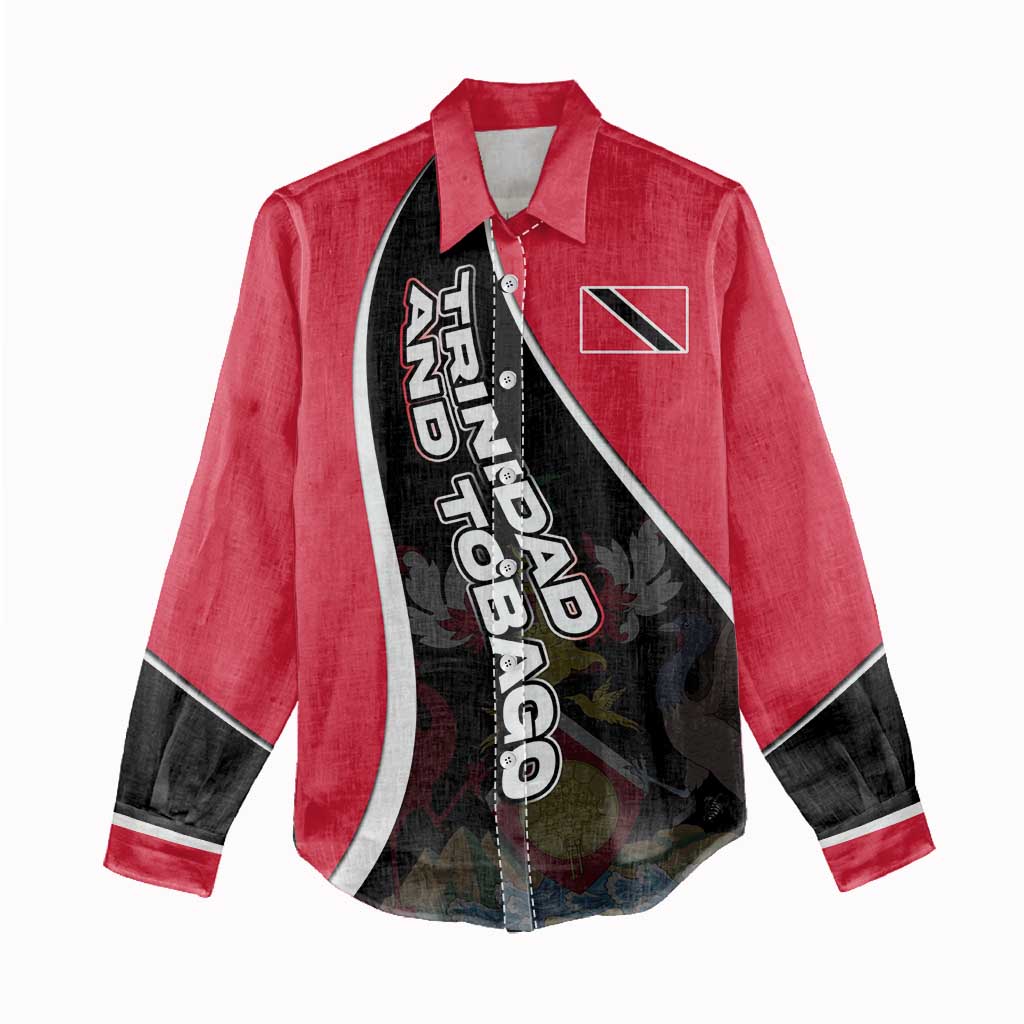 Trinidad and Tobago Flag Crest Design Women Casual Shirt with Bold Red Black Diagonal Layout - Wonder Print Shop