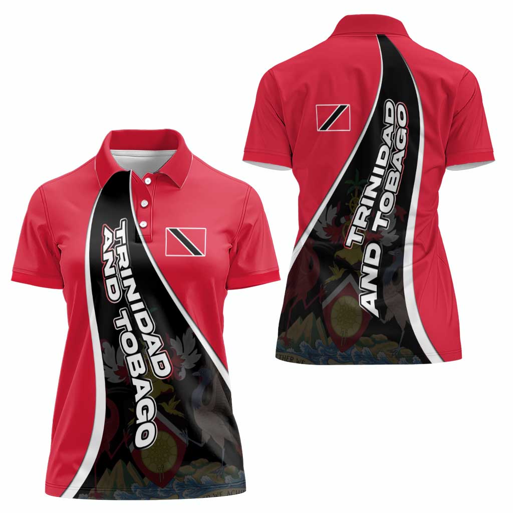 Trinidad and Tobago Flag Crest Design Women Polo Shirt with Bold Red Black Diagonal Layout - Wonder Print Shop