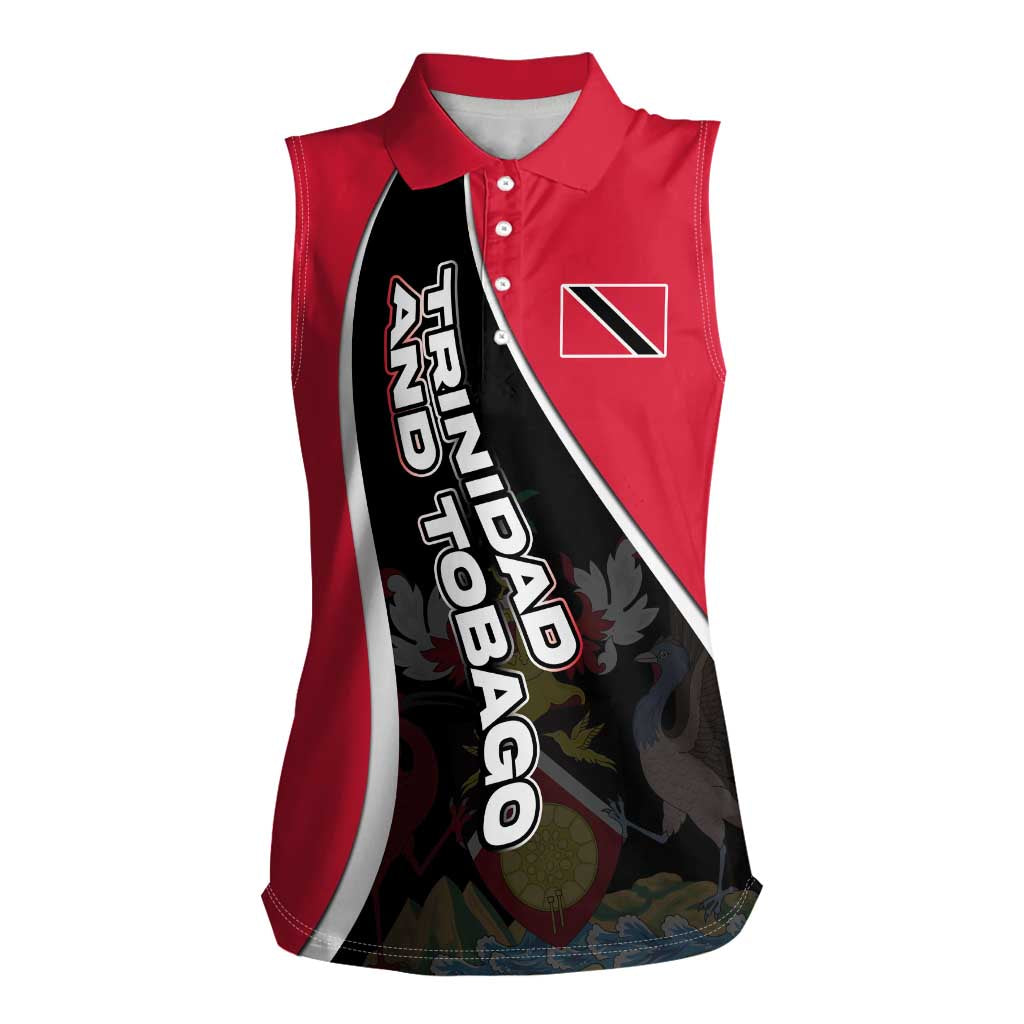 Trinidad and Tobago Flag Crest Design Women Sleeveless Polo Shirt with Bold Red Black Diagonal Layout - Wonder Print Shop