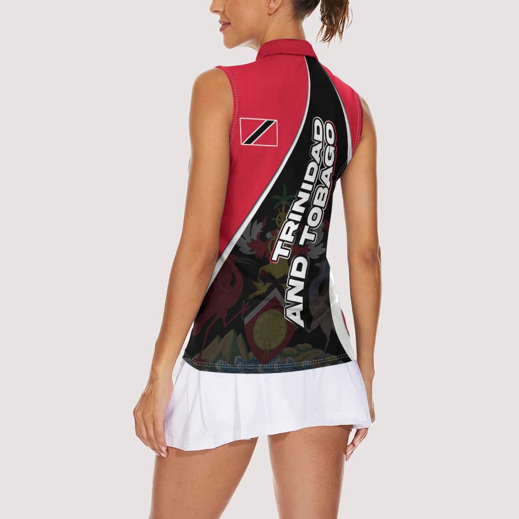 Trinidad and Tobago Flag Crest Design Women Sleeveless Polo Shirt with Bold Red Black Diagonal Layout - Wonder Print Shop