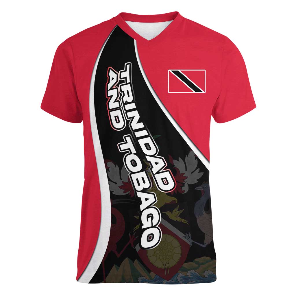 Trinidad and Tobago Flag Crest Design Women V-Neck T-Shirt with Bold Red Black Diagonal Layout - Wonder Print Shop
