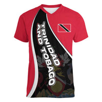 Trinidad and Tobago Flag Crest Design Women V-Neck T-Shirt with Bold Red Black Diagonal Layout - Wonder Print Shop
