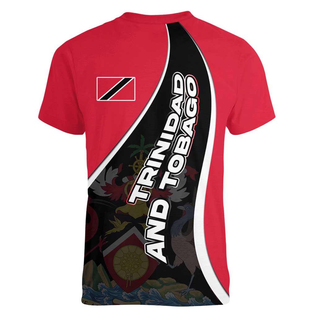 Trinidad and Tobago Flag Crest Design Women V-Neck T-Shirt with Bold Red Black Diagonal Layout - Wonder Print Shop