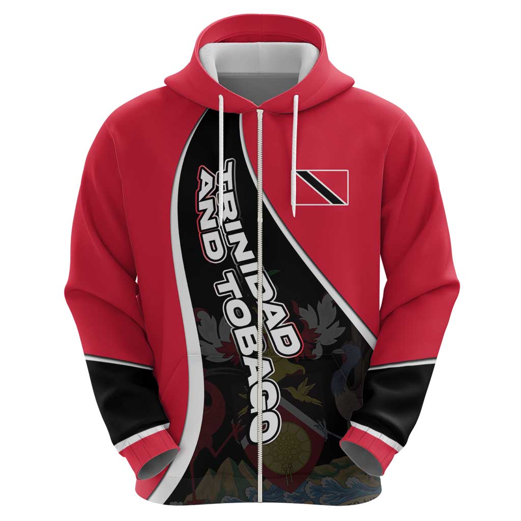 Trinidad and Tobago Flag Crest Design Zip Hoodie with Bold Red Black Diagonal Layout - Wonder Print Shop