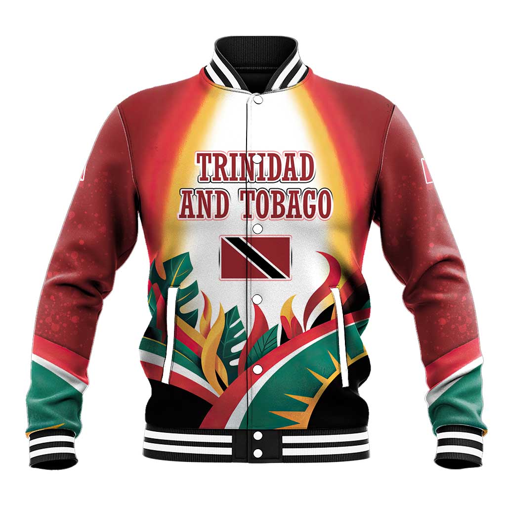 Trinidad and Tobago Scarlet Ibis Baseball Jacket with Tropical Leaves and National Flag Design TS04