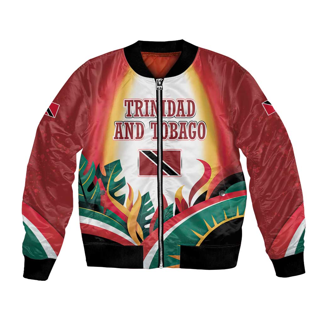 Trinidad and Tobago Scarlet Ibis Bomber Jacket with Tropical Leaves and National Flag Design TS04