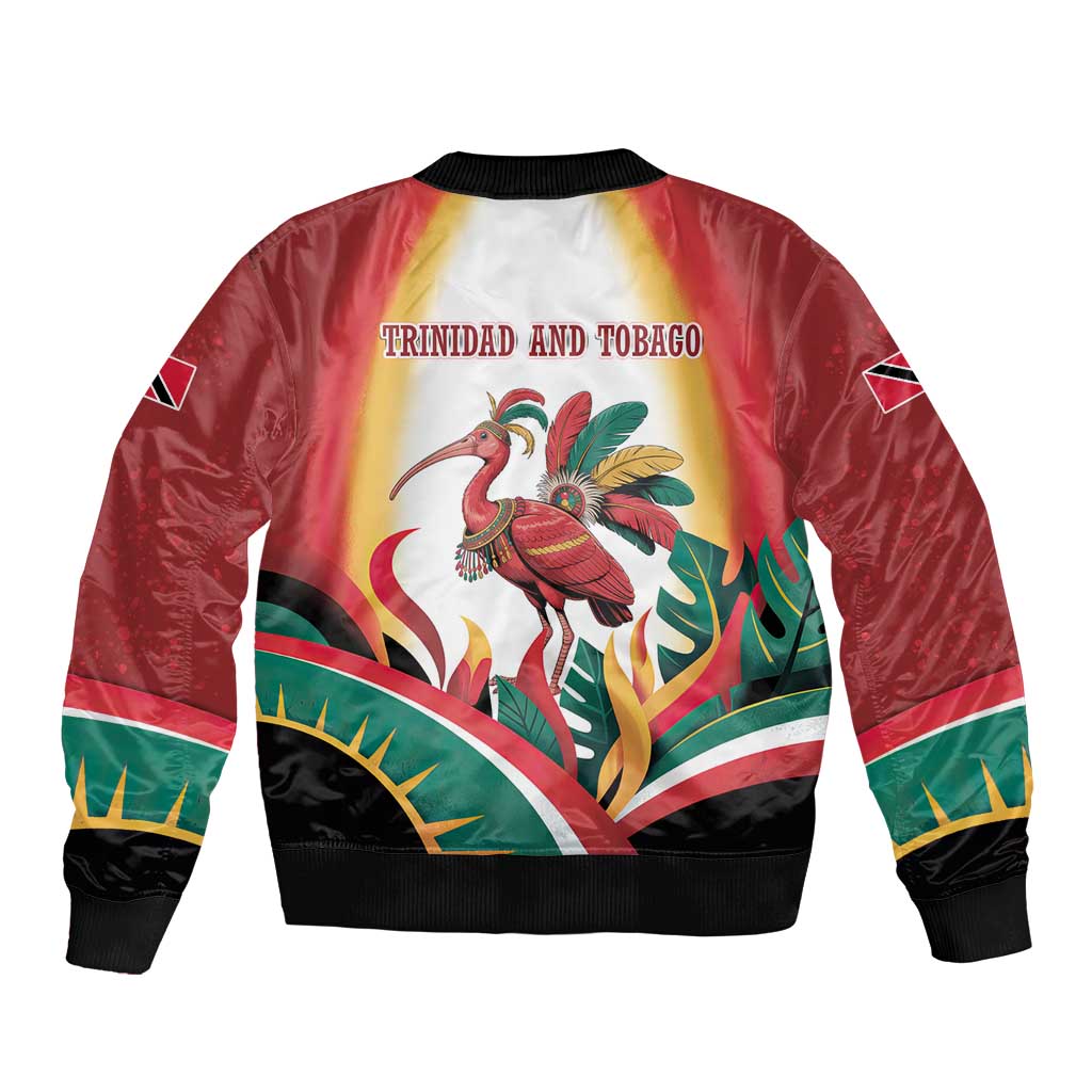 Trinidad and Tobago Scarlet Ibis Bomber Jacket with Tropical Leaves and National Flag Design TS04