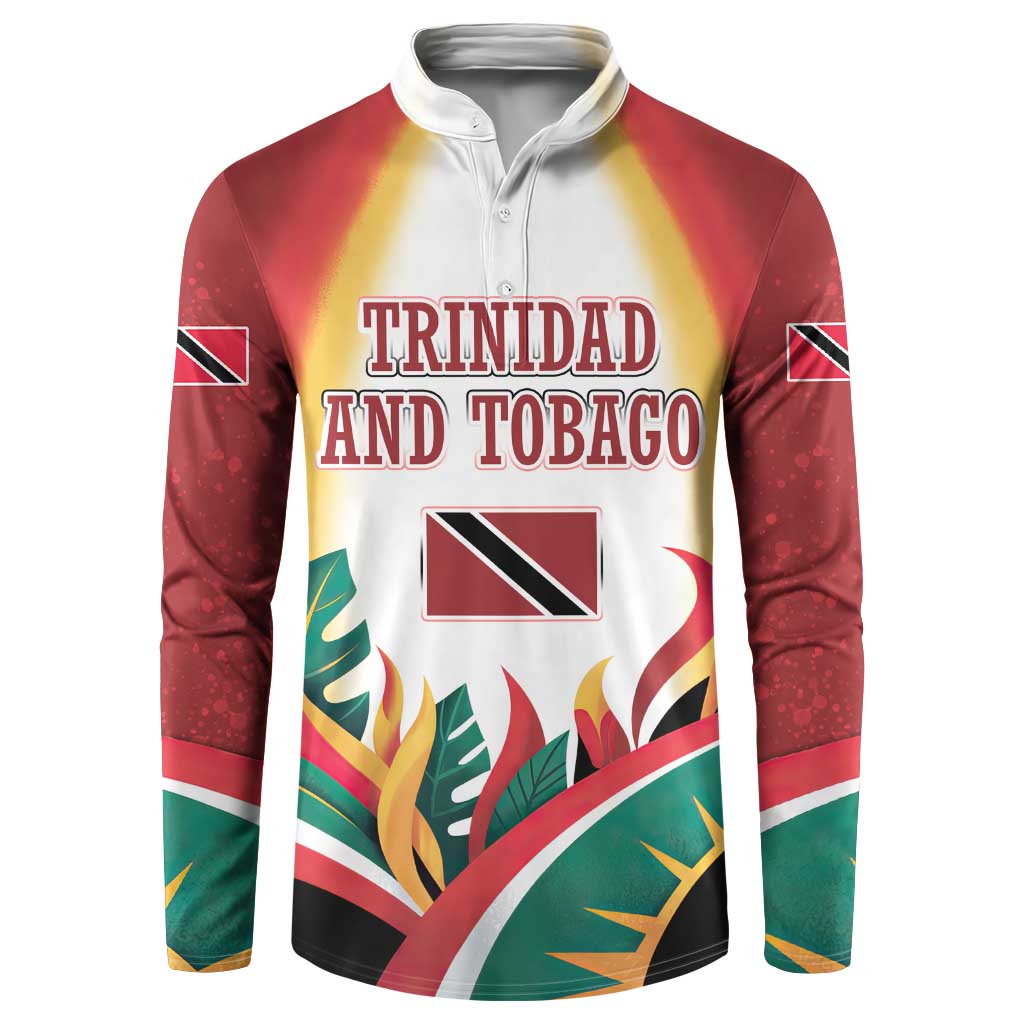 Trinidad and Tobago Scarlet Ibis Button Sweatshirt with Tropical Leaves and National Flag Design TS04