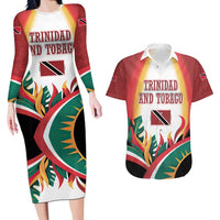 Trinidad and Tobago Scarlet Ibis Couples Matching Long Sleeve Bodycon Dress and Hawaiian Shirt with Tropical Leaves and National Flag Design TS04