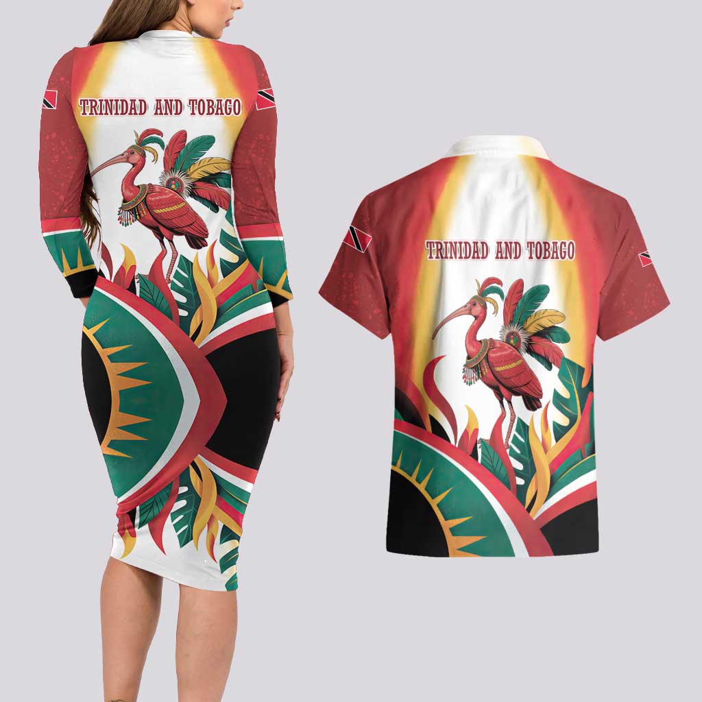 Trinidad and Tobago Scarlet Ibis Couples Matching Long Sleeve Bodycon Dress and Hawaiian Shirt with Tropical Leaves and National Flag Design TS04
