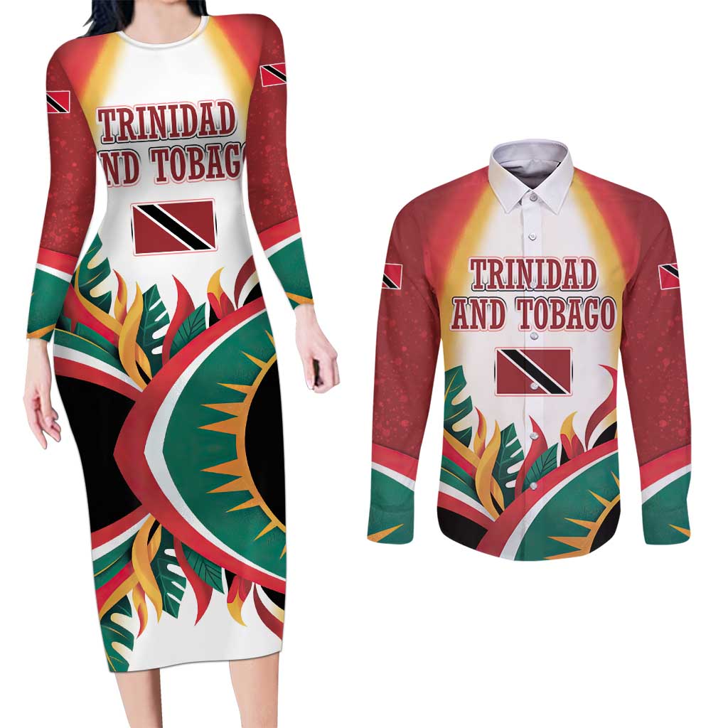 Trinidad and Tobago Scarlet Ibis Couples Matching Long Sleeve Bodycon Dress and Long Sleeve Button Shirt with Tropical Leaves and National Flag Design TS04