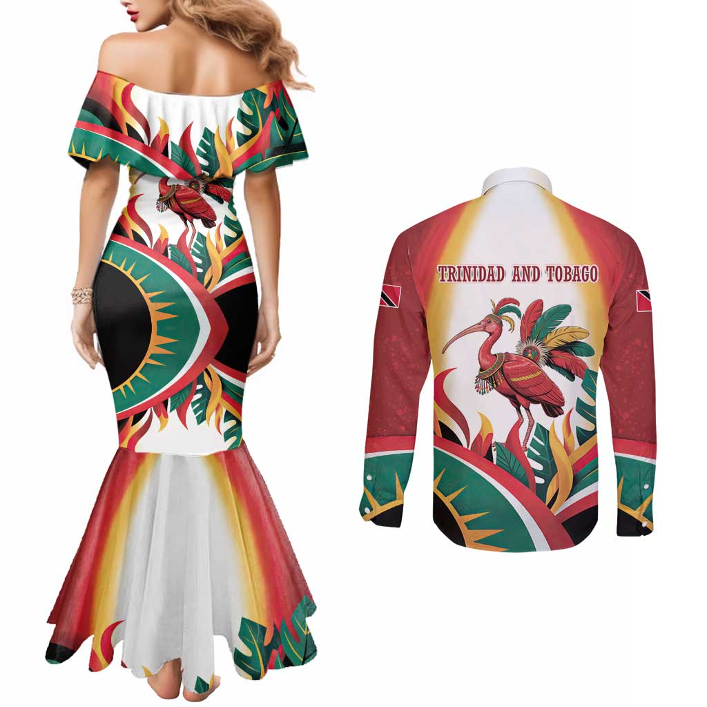 Trinidad and Tobago Scarlet Ibis Couples Matching Mermaid Dress and Long Sleeve Button Shirt with Tropical Leaves and National Flag Design TS04