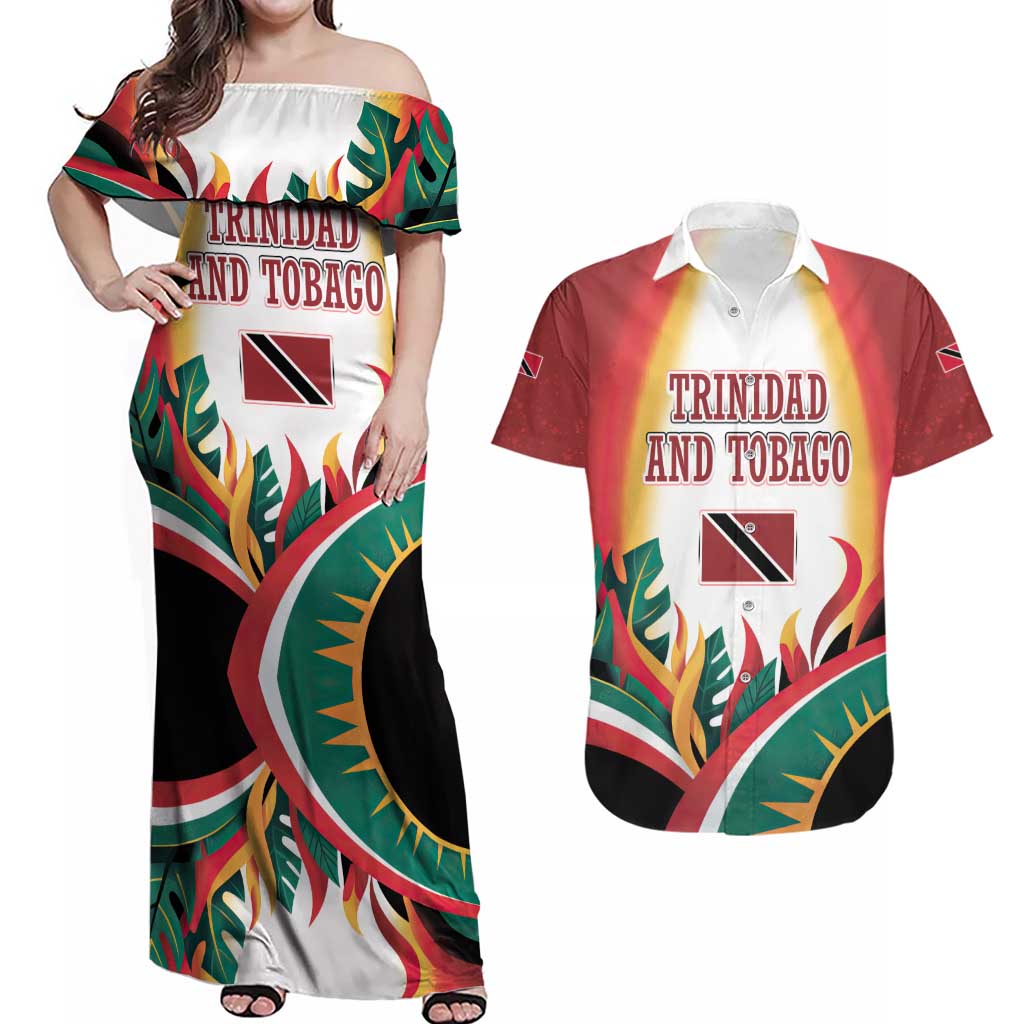 Trinidad and Tobago Scarlet Ibis Couples Matching Off Shoulder Maxi Dress and Hawaiian Shirt with Tropical Leaves and National Flag Design TS04