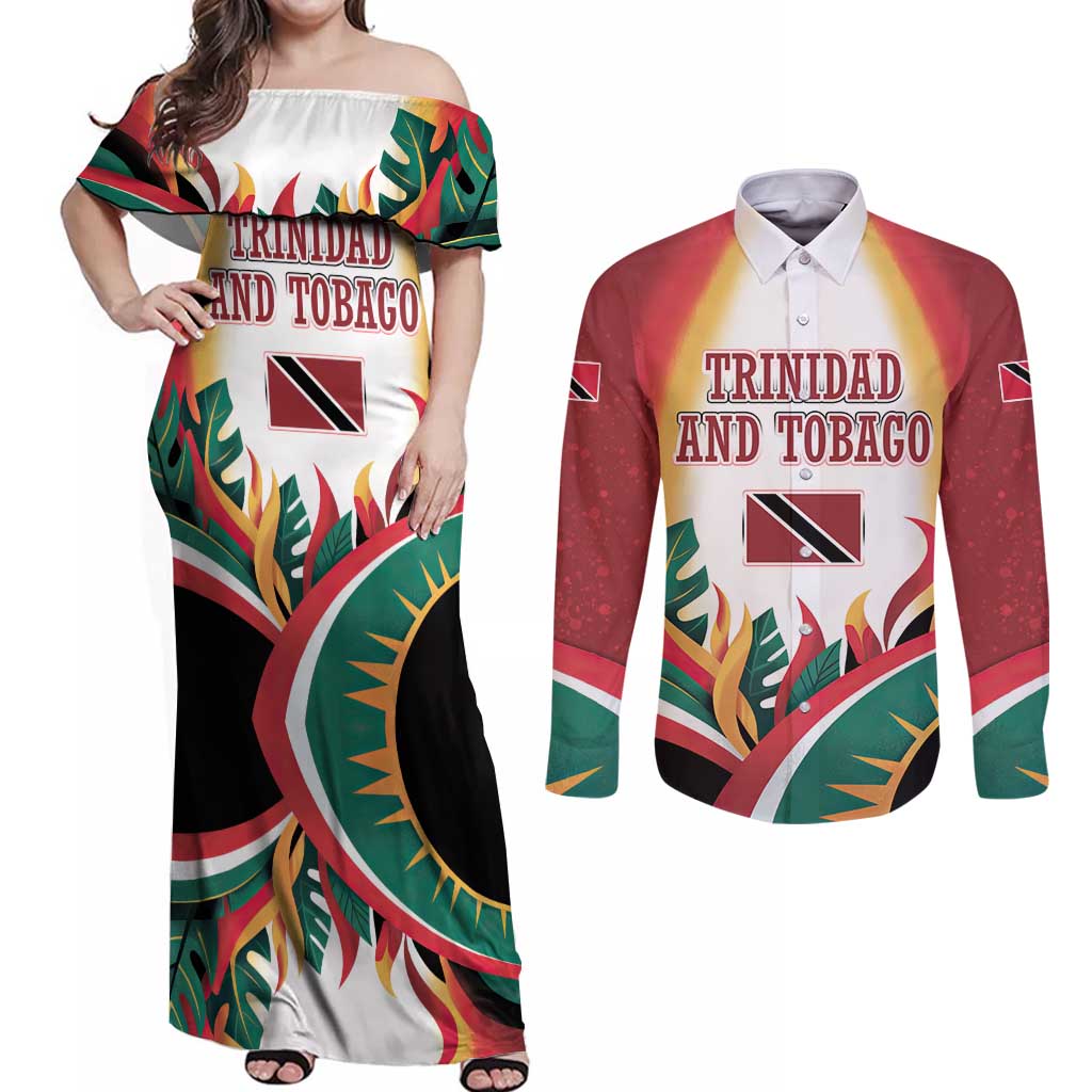 Trinidad and Tobago Scarlet Ibis Couples Matching Off Shoulder Maxi Dress and Long Sleeve Button Shirt with Tropical Leaves and National Flag Design TS04