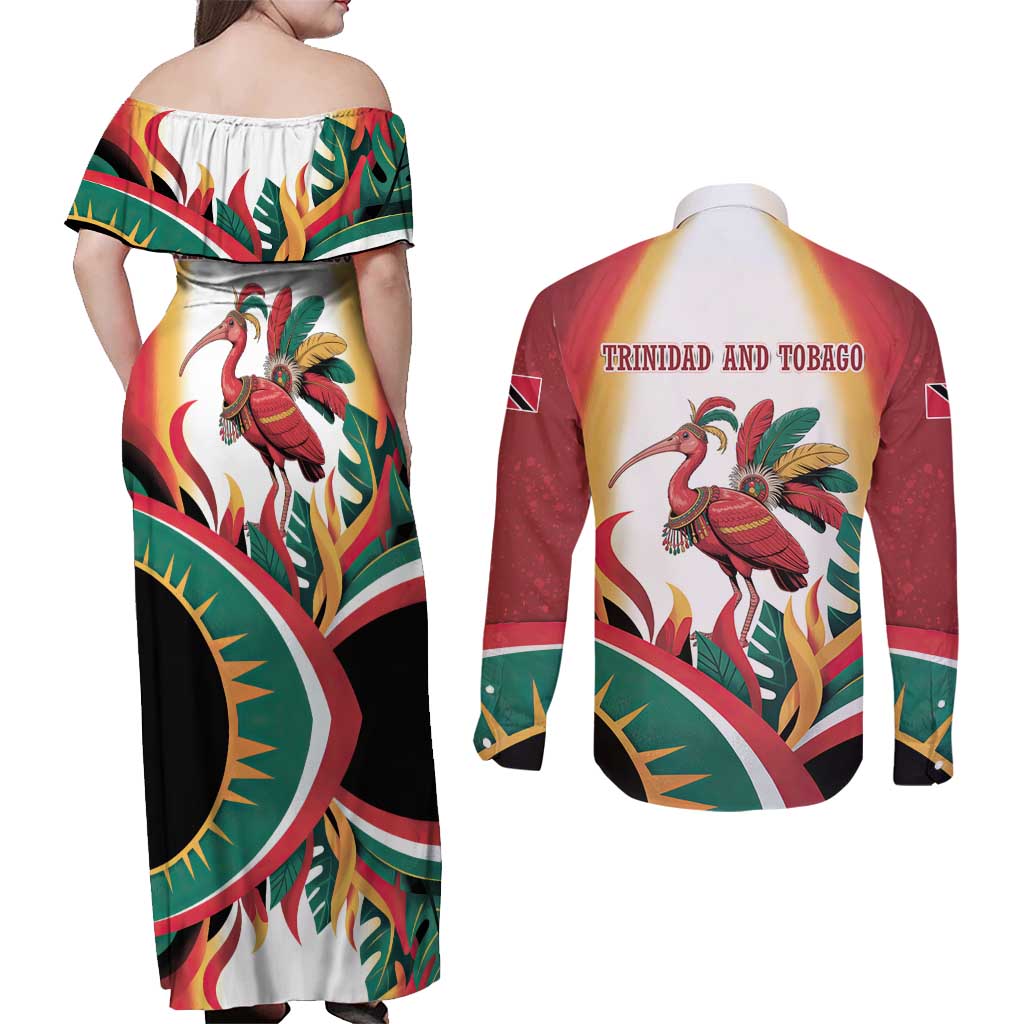 Trinidad and Tobago Scarlet Ibis Couples Matching Off Shoulder Maxi Dress and Long Sleeve Button Shirt with Tropical Leaves and National Flag Design TS04