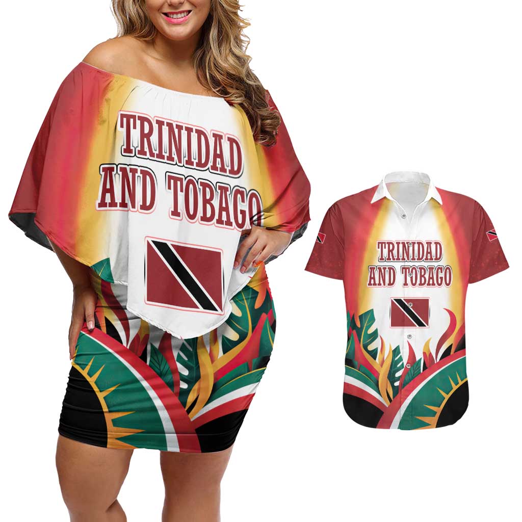 Trinidad and Tobago Scarlet Ibis Couples Matching Off Shoulder Short Dress and Hawaiian Shirt with Tropical Leaves and National Flag Design TS04