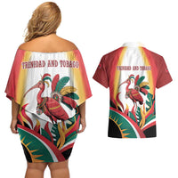 Trinidad and Tobago Scarlet Ibis Couples Matching Off Shoulder Short Dress and Hawaiian Shirt with Tropical Leaves and National Flag Design TS04