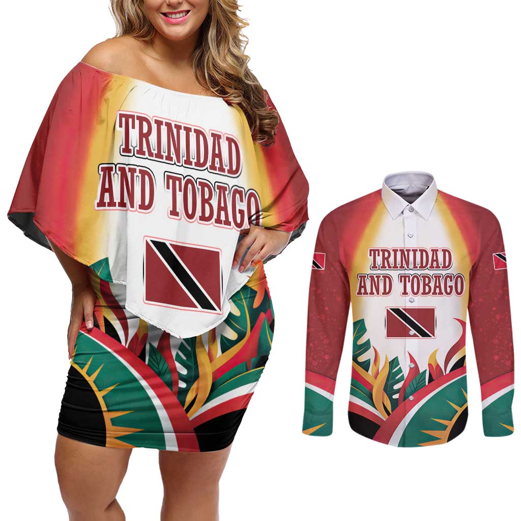 Trinidad and Tobago Scarlet Ibis Couples Matching Off Shoulder Short Dress and Long Sleeve Button Shirt with Tropical Leaves and National Flag Design TS04