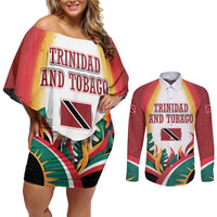 Trinidad and Tobago Scarlet Ibis Couples Matching Off Shoulder Short Dress and Long Sleeve Button Shirt with Tropical Leaves and National Flag Design TS04
